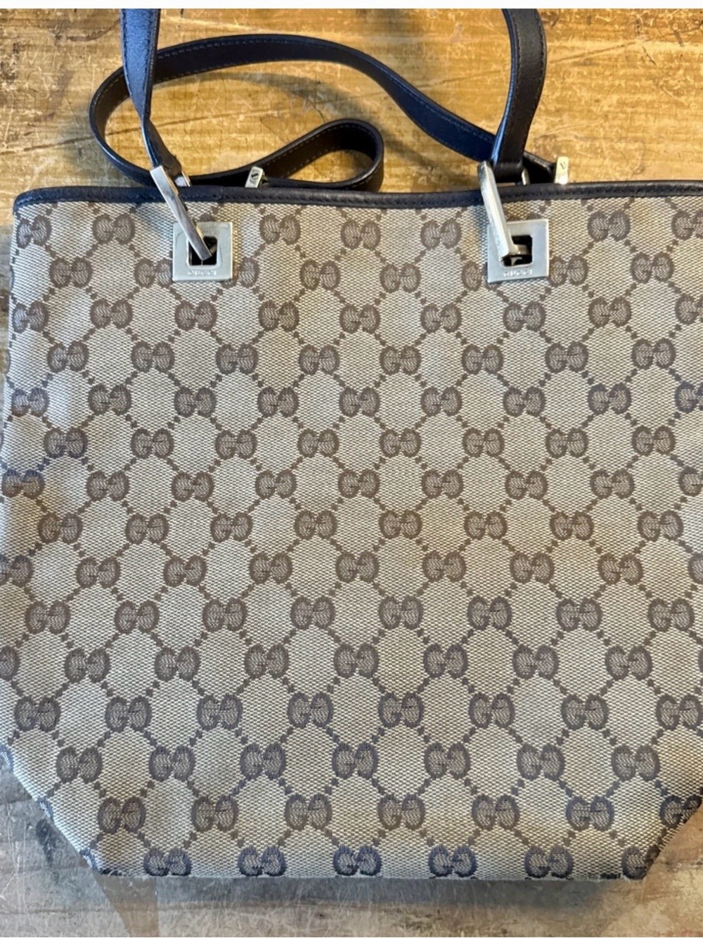 Gucci Beige and Brown GG Canvas Tote with Dark Brown Handles
